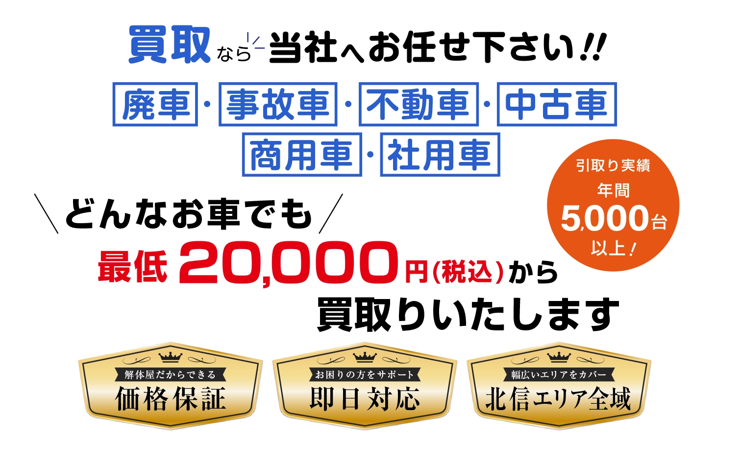 廃車・事故車・不動車の買取なら当社へお任せください！！どんなお車ででも最低20,000円から買い取りいたします。